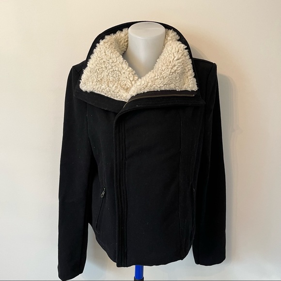 GAP Jackets & Blazers - Gap Jacket Black Wool Blend Moto Winter Coat with Faux Vegan Shearling Trim Sz L